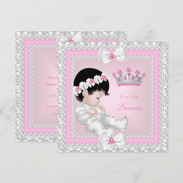Princess Baby Shower Pink White Gray Damask B Invitation (Front/Back)