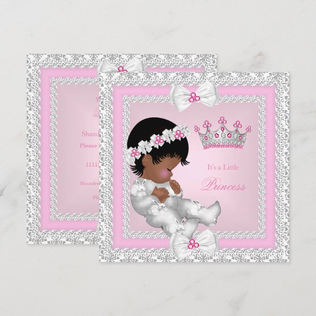 Princess Baby Shower Pink White Gray Damask Ethnic Invitation (Front/Back)