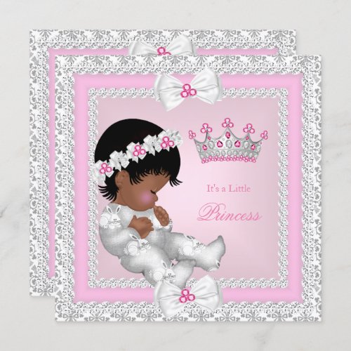 Princess Baby Shower Pink White Gray Damask Ethnic Invitation