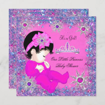 Princess Baby Shower Purple Pink Glitter Brunette Invitation