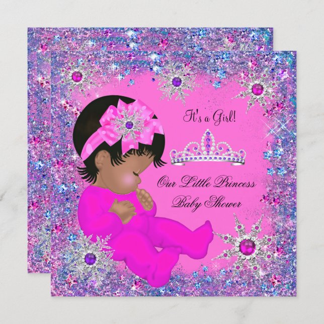 Princess Baby Shower Purple Pink Glitter Ethnic Invitation (Front/Back)