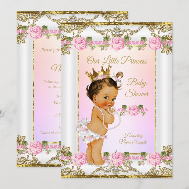 Princess Baby Shower Rose Pink Gold White Brunette Invitation (Front/Back)