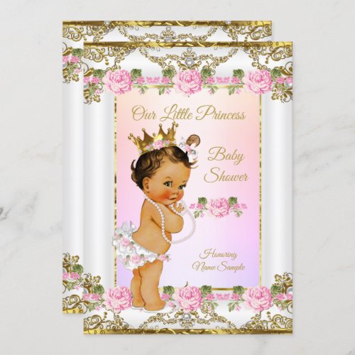 Princess Baby Shower Rose Pink Gold White Brunette Invitation