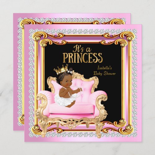Princess Baby Shower Silver Pink Gold Chair Ethnic Invitation