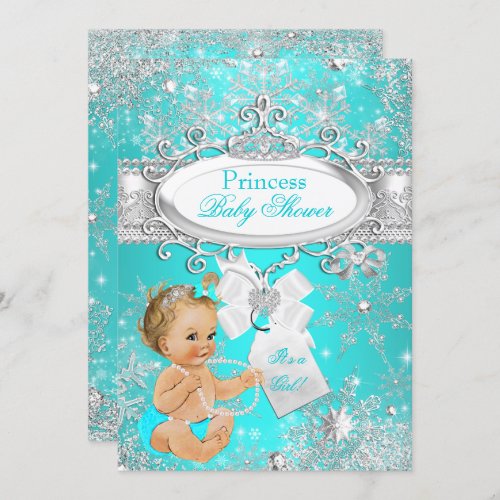 Princess Baby Shower Snowflakes Aqua Blonde Invitation