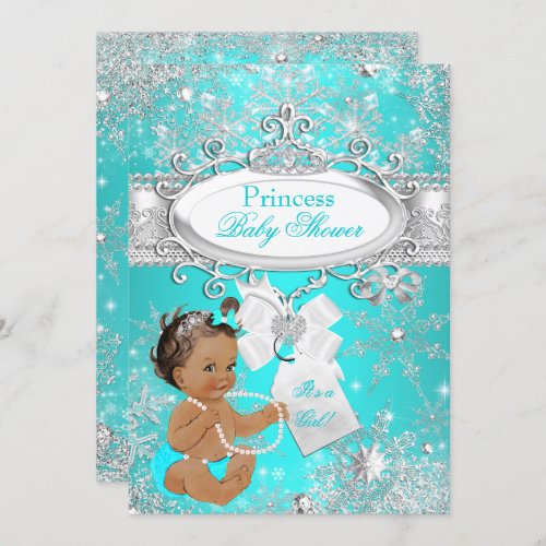 Princess Baby Shower Snowflakes Aqua Brunette Invitation