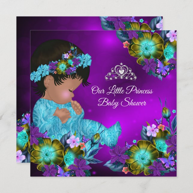 Princess Baby Shower Teal Blue Purple Girl Ethnic Invitation (Front/Back)