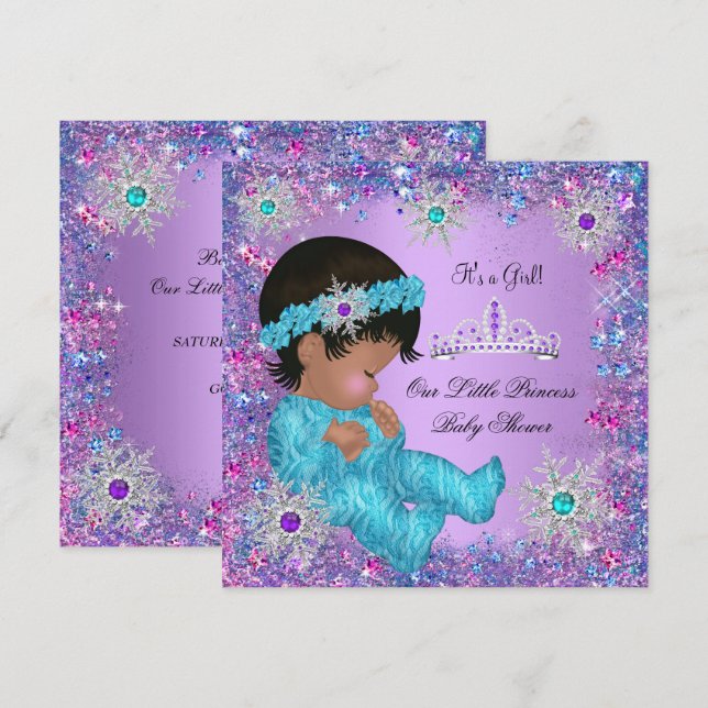 Princess Baby Shower Teal Blue Purple Pink Ethnic Invitation (Front/Back)