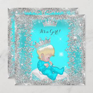 Princess Baby Shower Teal Blue Silver Blonde Invitation