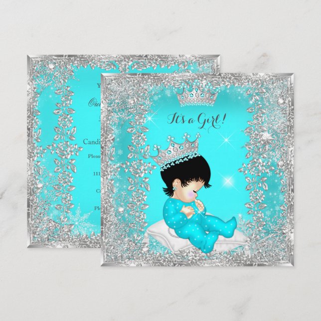 Princess Baby Shower Teal Blue Silver Brunette Invitation (Front/Back)