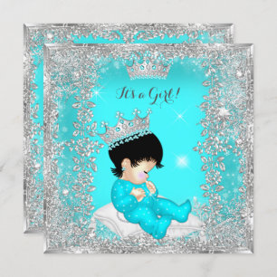 Princess Baby Shower Teal Blue Silver Brunette Invitation