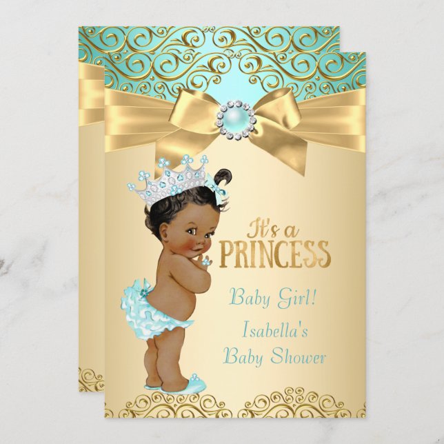 Princess Baby Shower Teal Gold Damask Ethnic Invitation (Front/Back)