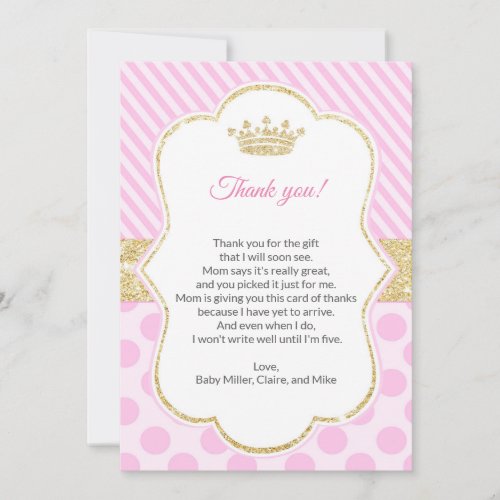 Princess Baby Shower Thank You Card Pink Gold