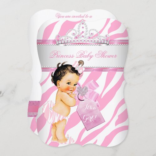 Princess Baby Shower Zebra Pink Brunette Girl Invitation