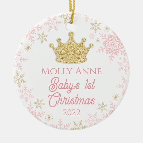 Princess Babys 1st Christmas Pink  Gold Glitter Ceramic Ornament