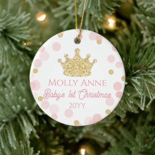 Princess Babys 1st Christmas Pink Gold Glitter Ceramic Ornament