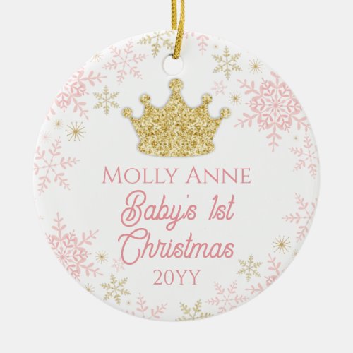 Princess Babys 1st Christmas Pink  Gold Photo Ceramic Ornament