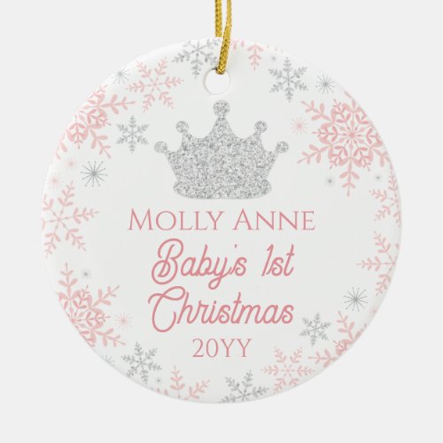 Princess Babys 1st Christmas Pink Silver Glitter Ceramic Ornament
