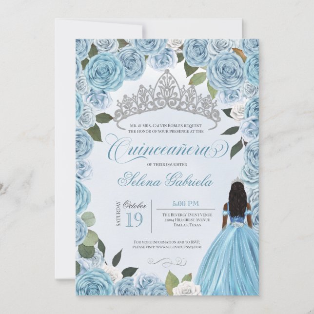 Princess Ball Blue Roses Cinderella Quinceanera Invitation (Front)