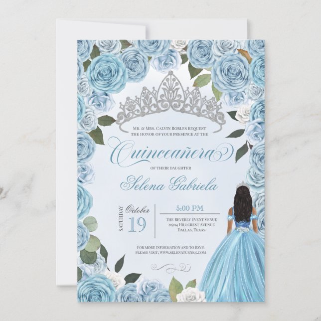 Princess Ball Blue Roses Quinceanera  Invitation (Front)