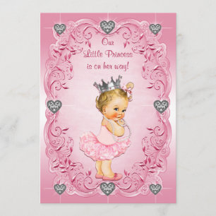 Princess Ballerina Diamond Hearts Baby Shower Invitation