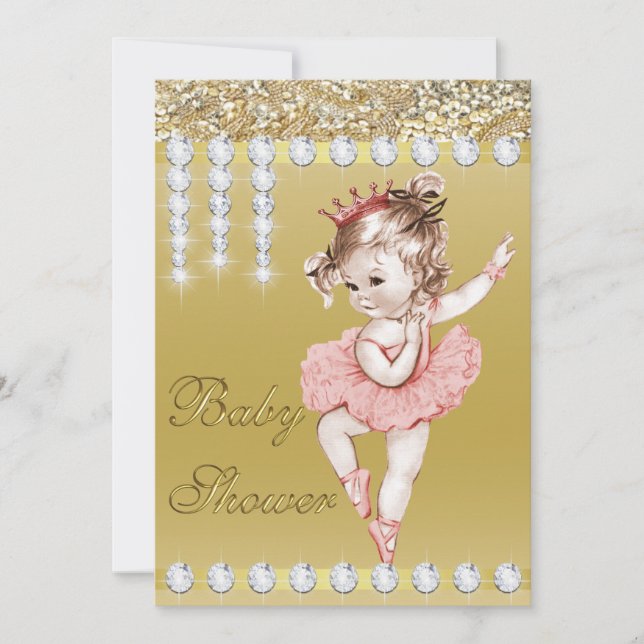 Princess Ballerina Gold Faux Diamonds Baby Shower Invitation (Front)