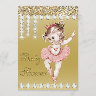 Princess Ballerina Gold Faux Diamonds Baby Shower Invitation
