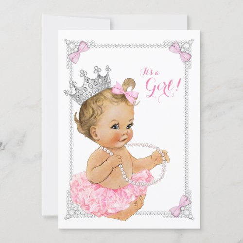 Princess Ballerina Pink Tutu Bow Pearl Baby Shower Invitation