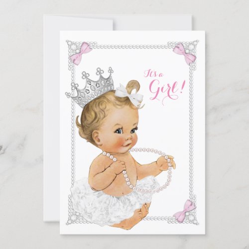 Princess Ballerina Tutu Pink Bow Pearl Baby Shower Invitation