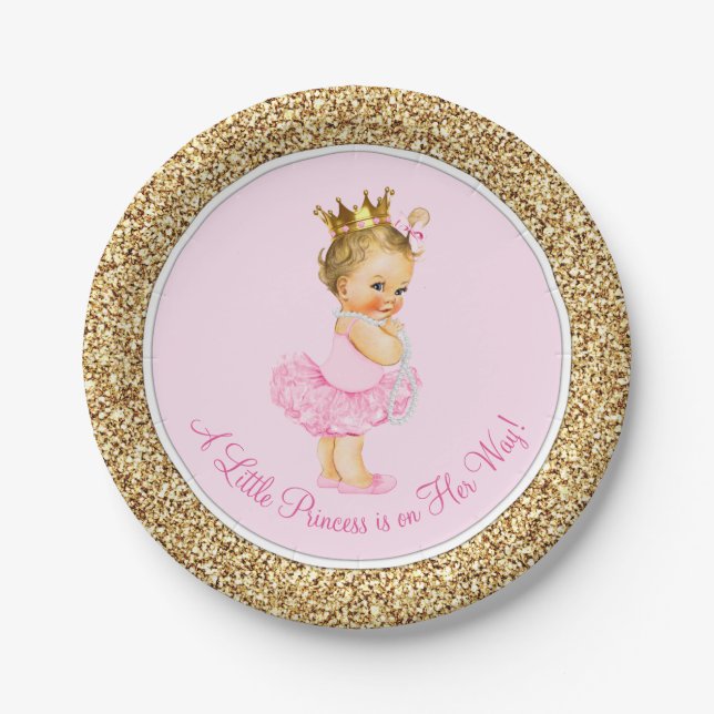 Princess Ballerina Tutu Pink Gold Baby Shower Paper Plates (Front)