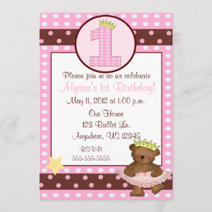 Princess Ballet Bear Girls 1st Birthday Invitation