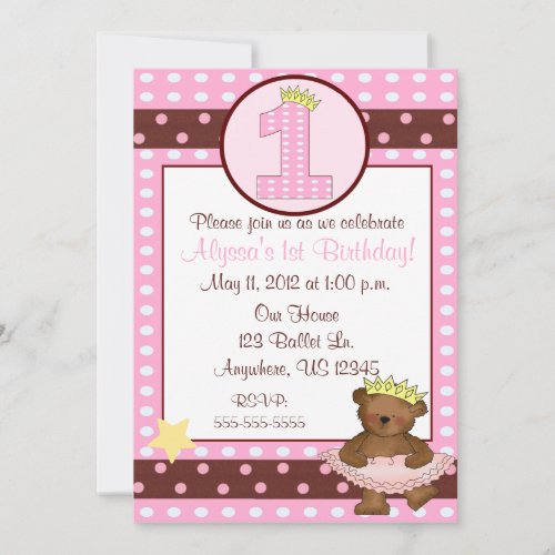 Princess Ballet Bear Girls 1st Birthday Invitation