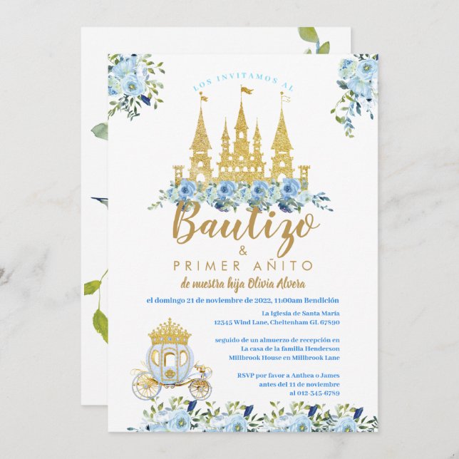 Princess Baptism Invite Bautizo Invitations (Front/Back)