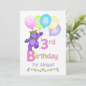 Princess Bear 3rd Birthday Party Custom Name Invitation (Standing Front)