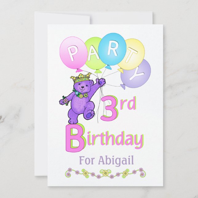 Princess Bear 3rd Birthday Party Custom Name Invitation (Front)