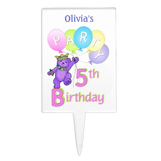 Princess Bear 5th Birthday Party Custom Name Cake Topper (Front)