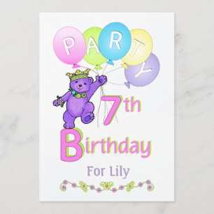 Princess Bear 7th Birthday Party Custom Name Invitation