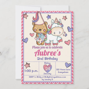 Princess Bear and Unicorn Birthday Invitation