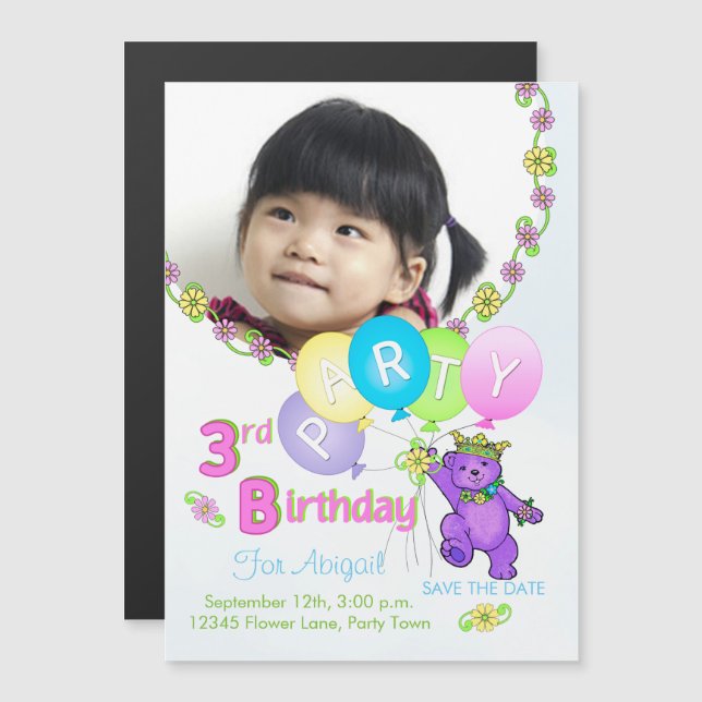 Princess Bear Custom 3rd Birthday Party Magnetic Invitation (Front/Back)