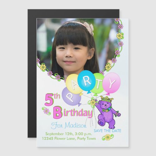 Princess Bear Custom 5th Birthday Party Initation Magnetic Invitation