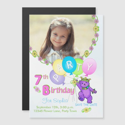 Princess Bear Custom 7th Birthday Party Invitation