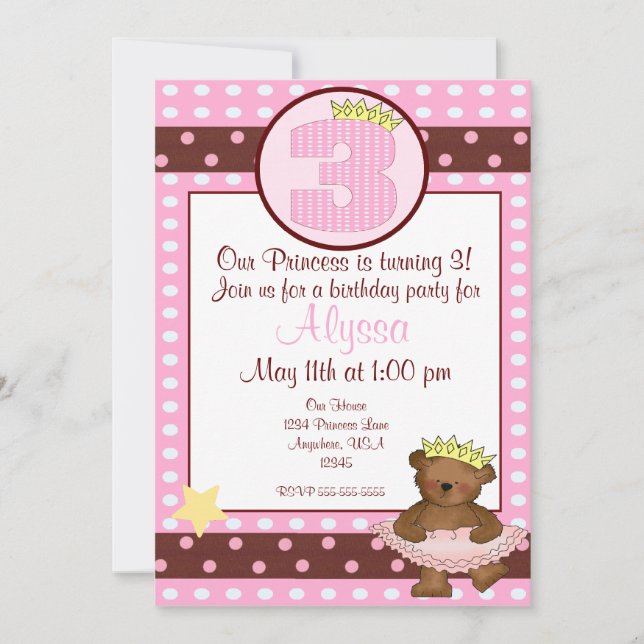 Princess bear girls 3rd birthday invitation (Front)