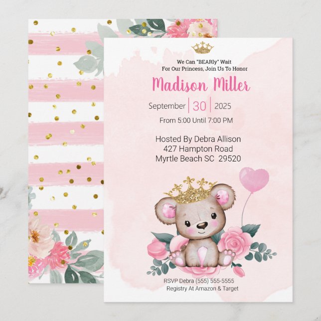  Princess Bear Pink Floral Baby Shower  Invitation (Front/Back)