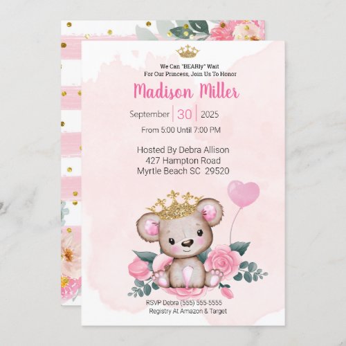  Princess Bear Pink Floral Baby Shower  Invitation