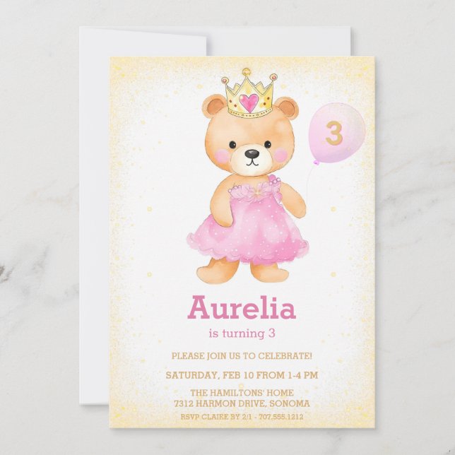 Princess bear pink girl birthday  Invitation (Front)