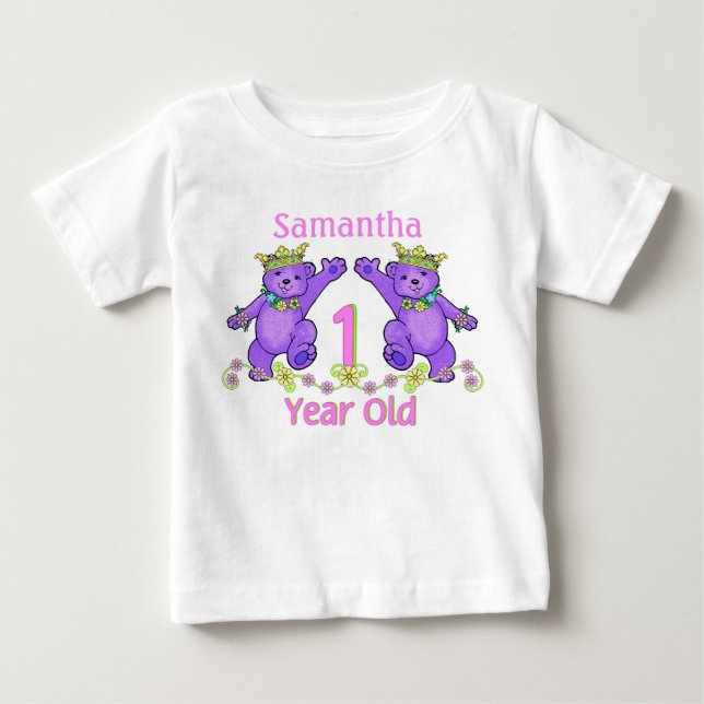 Princess Bears 1st Birthday Custom Name Baby T-Shirt (Front)