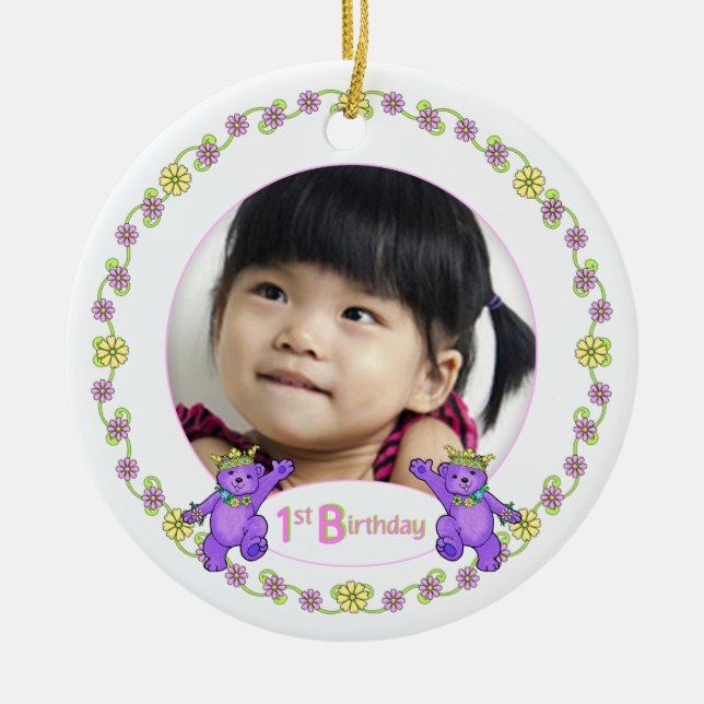 Princess Bears 1st Birthday Photo Keepsake Ceramic Ornament (Front)