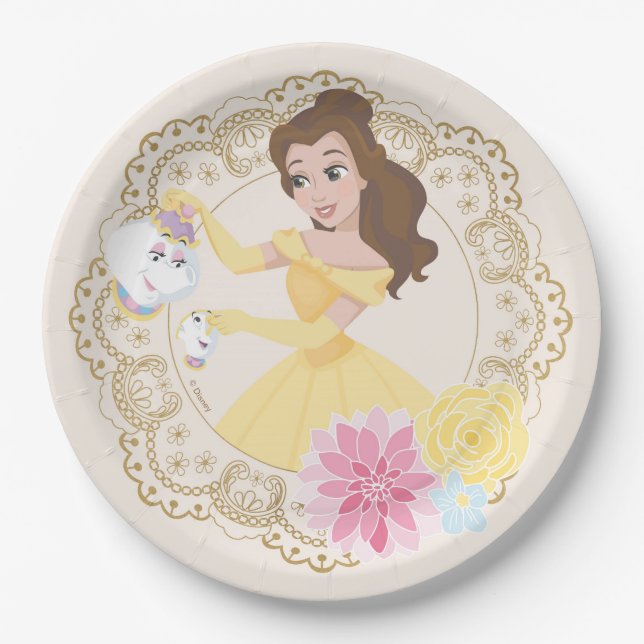 Princess Belle | Floral Gold Confetti Paper Plates (Front)