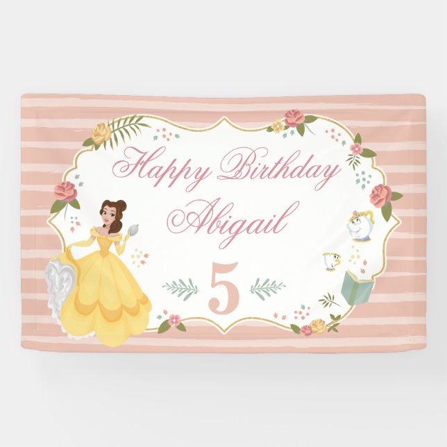Princess Belle | Pink Floral Birthday Banner (Horizontal)