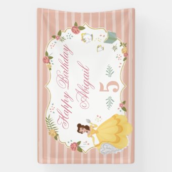 Princess Belle | Pink Floral Birthday Banner | Zazzle